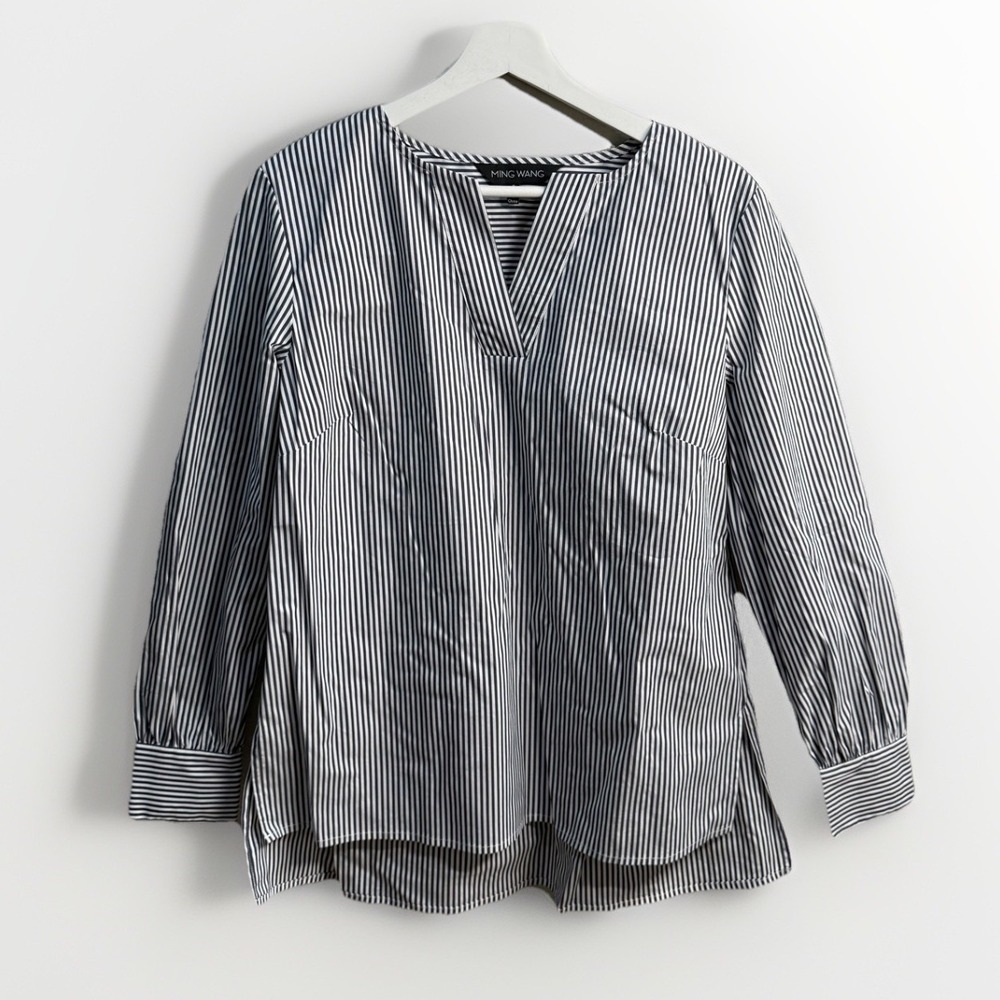 Ming Wang Top Womens Large Blue White Striped Long Sleeve V-Neck Blouse Classy S